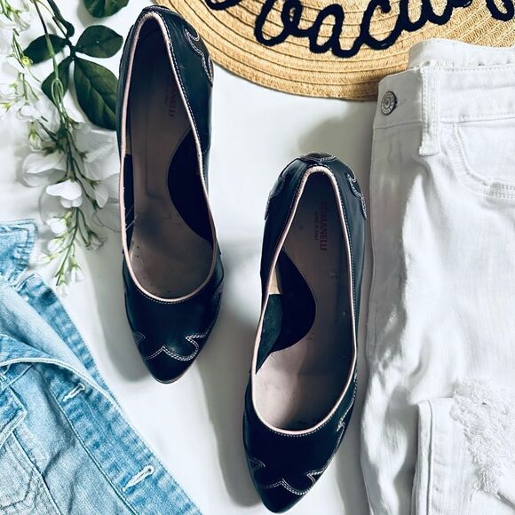 Vintage Romanelli Made in Italy black/pink leather scalloped detail pinup heels - Picture 2 of 10